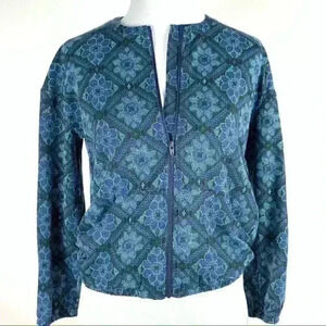 New Lularoe Girls Monroe Jacket sz 14 Blue Green Floral Flowers Zipper Pockets
